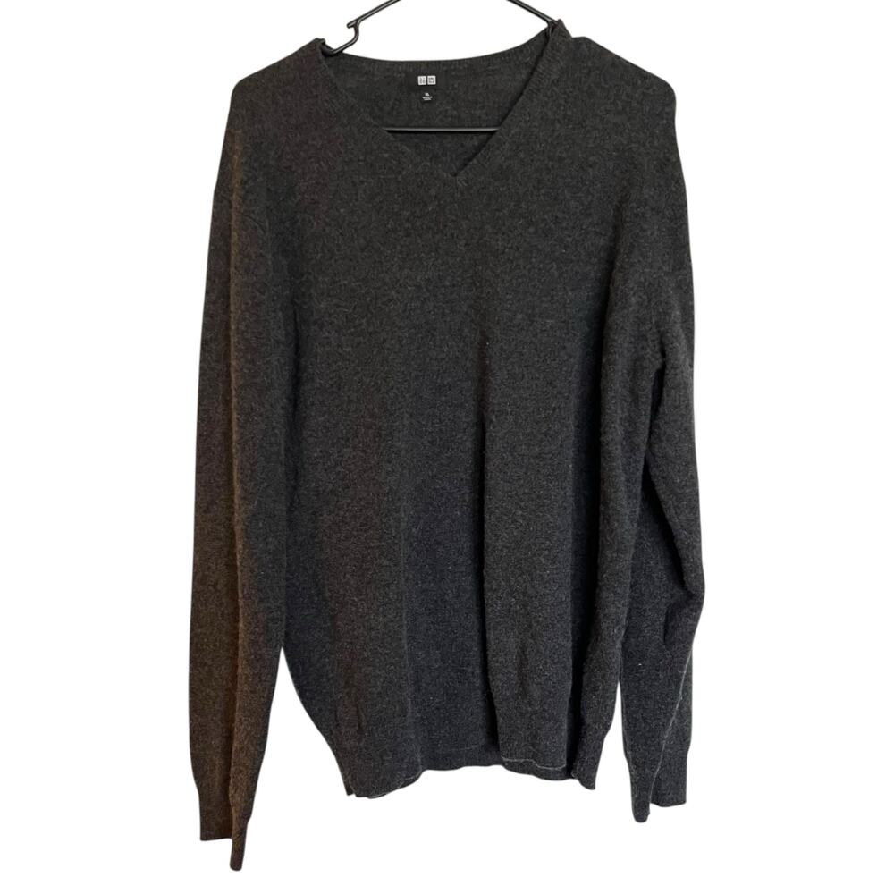 Uniqlo Men's Cashmere V-Neck Sweater Charcoal Gray Pullover Classic Soft Size XL